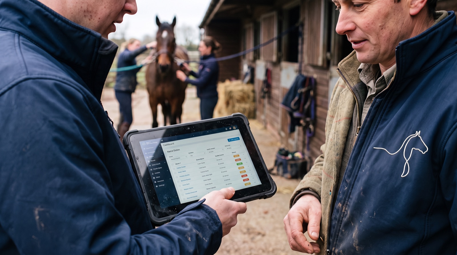Two colleagues looking at stable software on a tablet in a stable yard