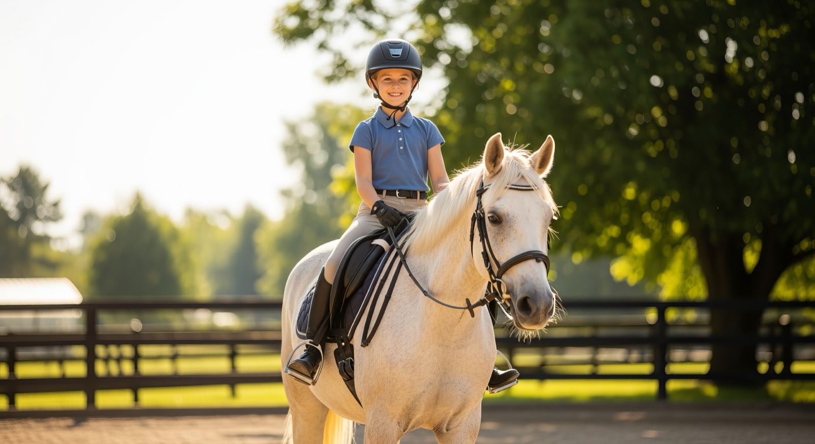 A young rider smiling on a white pony in an outdoor arena